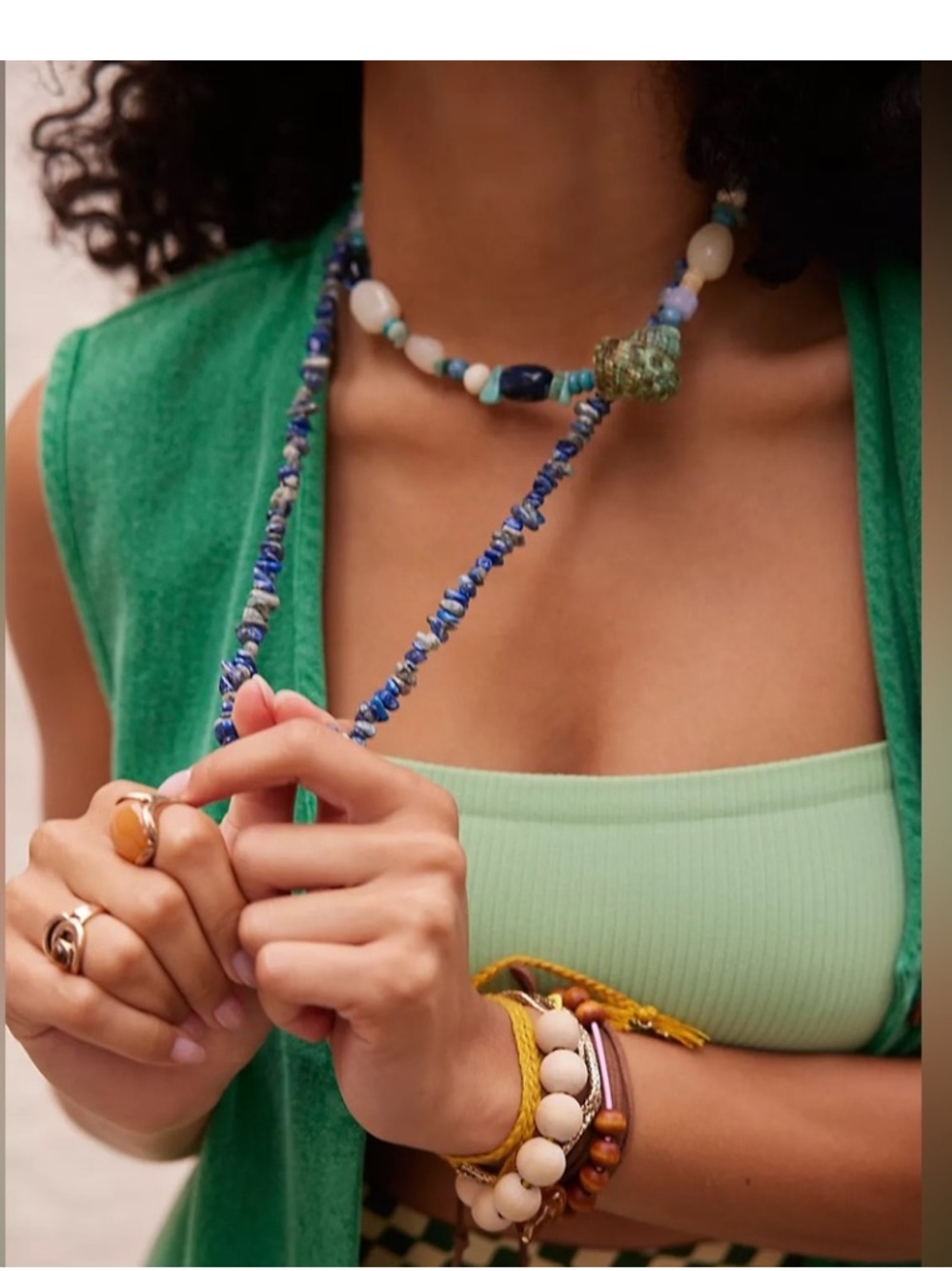 Free People Lapis Lazuli Beaded Necklace Blue Coastal Boho NWT - Picture 12 of 13
